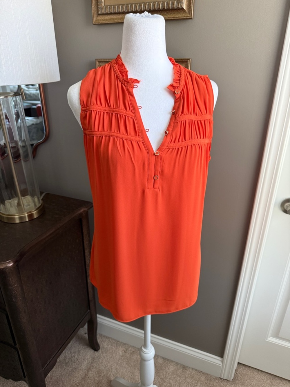 White House Black Market Sleeveless Ruffle-Trim Orange Tank